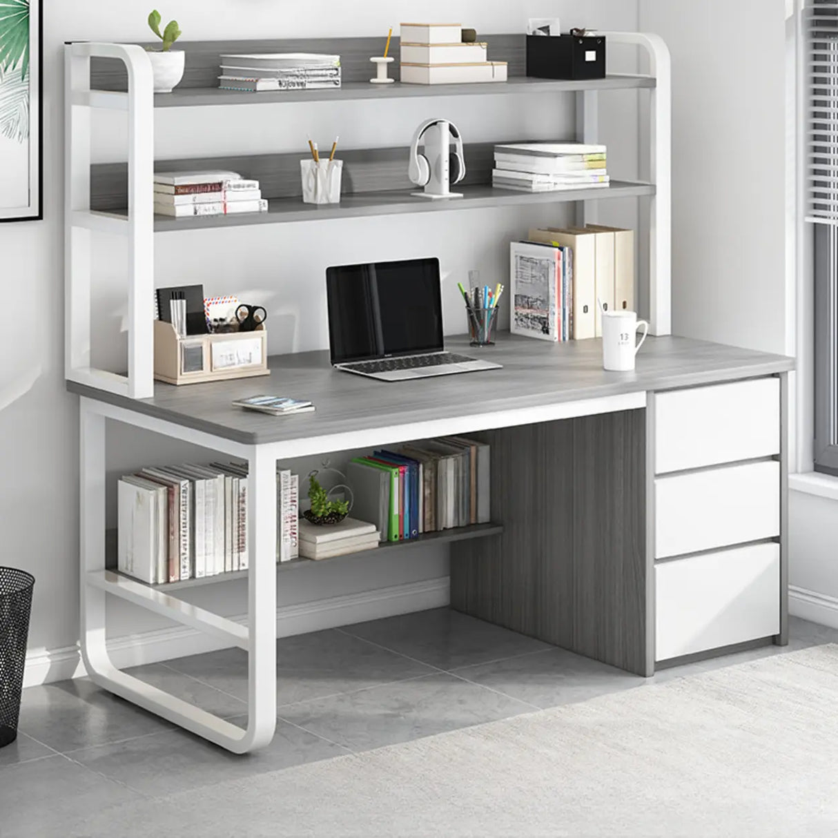 Standard Wooden Computer Desk with Drawers and Shelves Image - 14