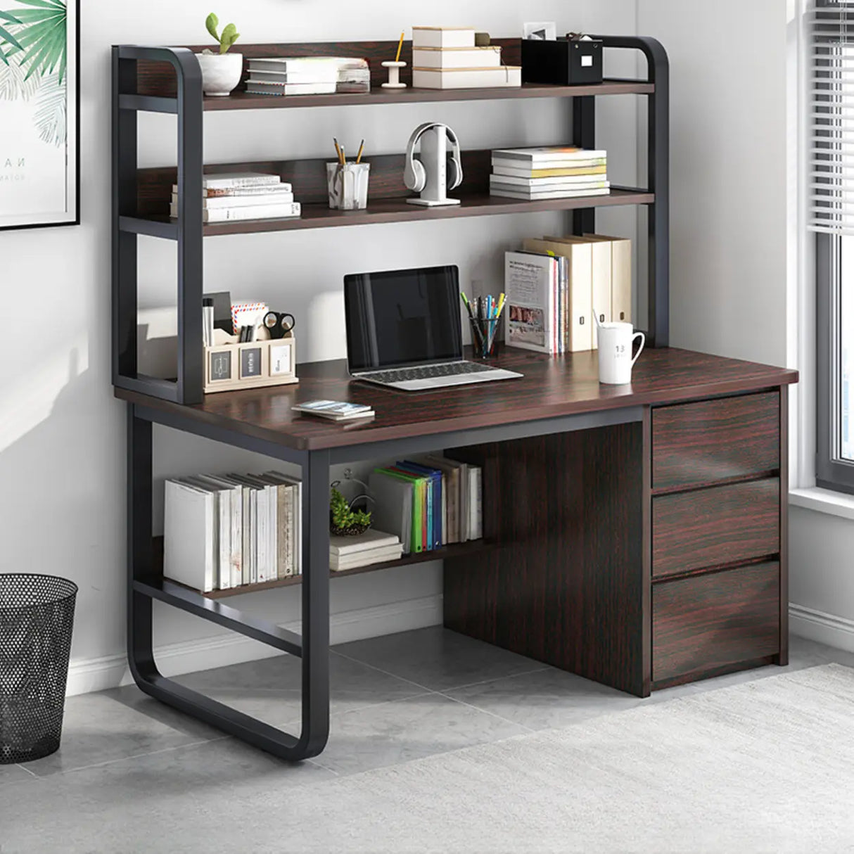 Standard Wooden Computer Desk with Drawers and Shelves Image - 15
