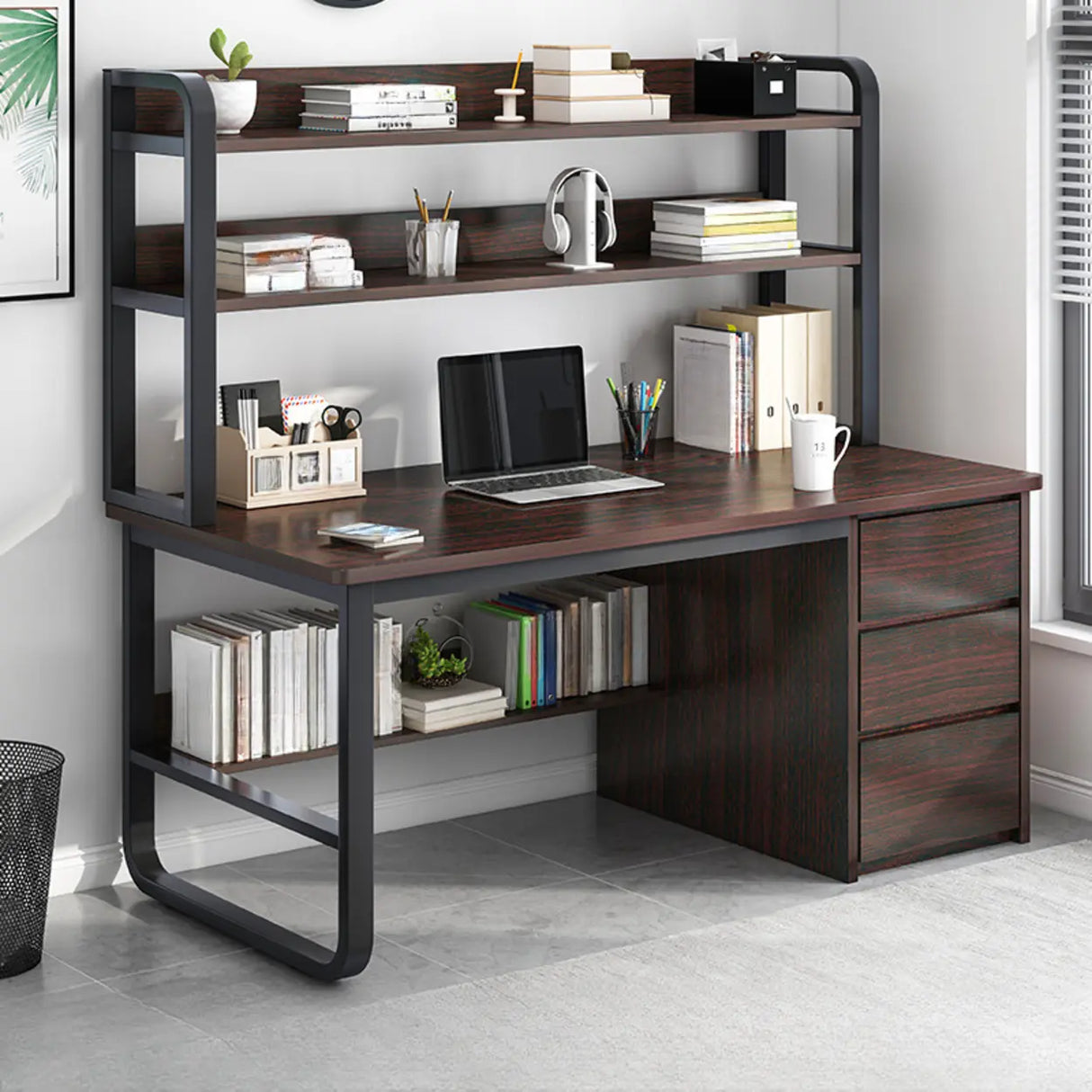 Standard Wooden Computer Desk with Drawers and Shelves Image - 16