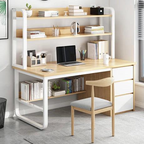 Standard Wooden Computer Desk with Drawers and Shelves Image - 2