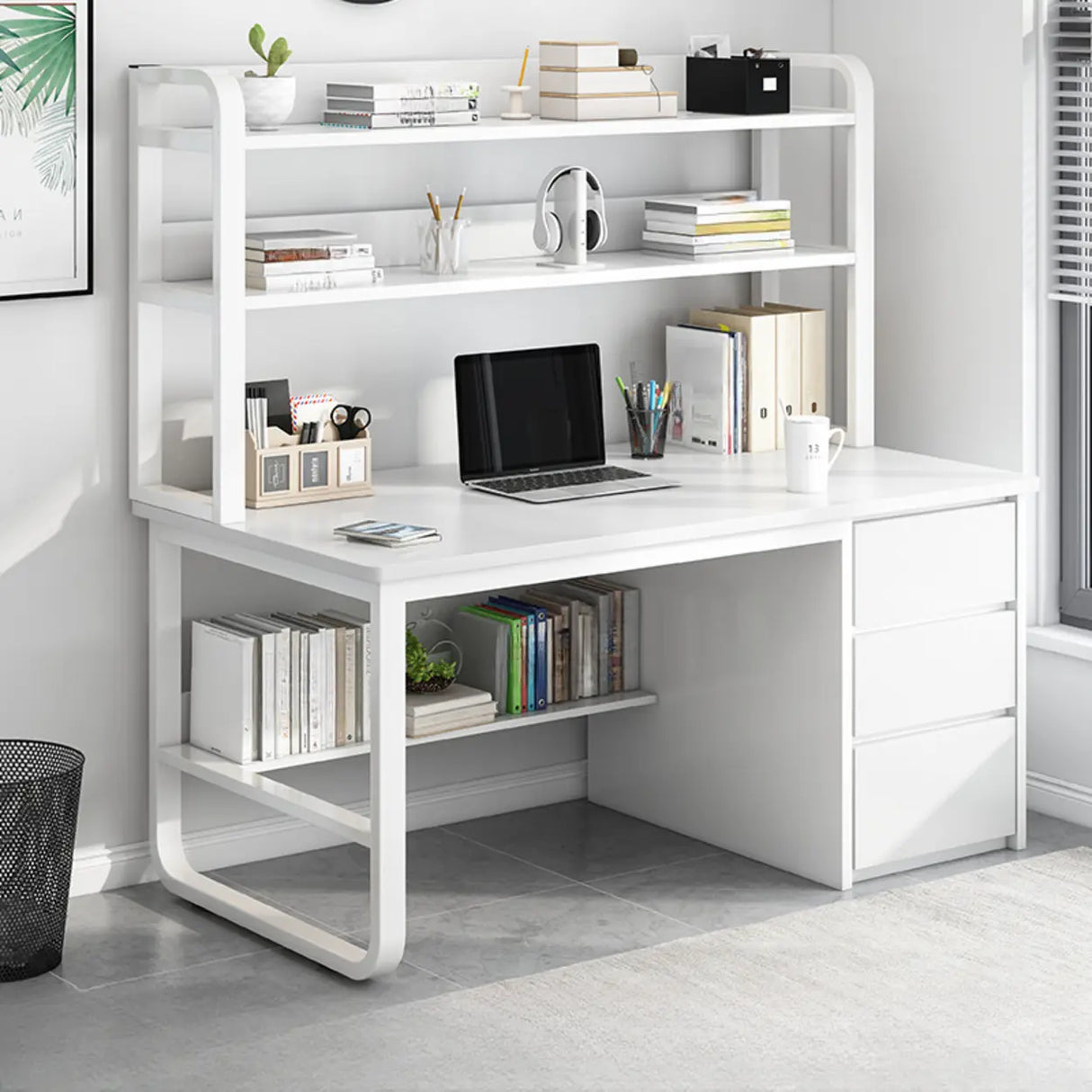 Standard Wooden Computer Desk with Drawers and Shelves Image - 3
