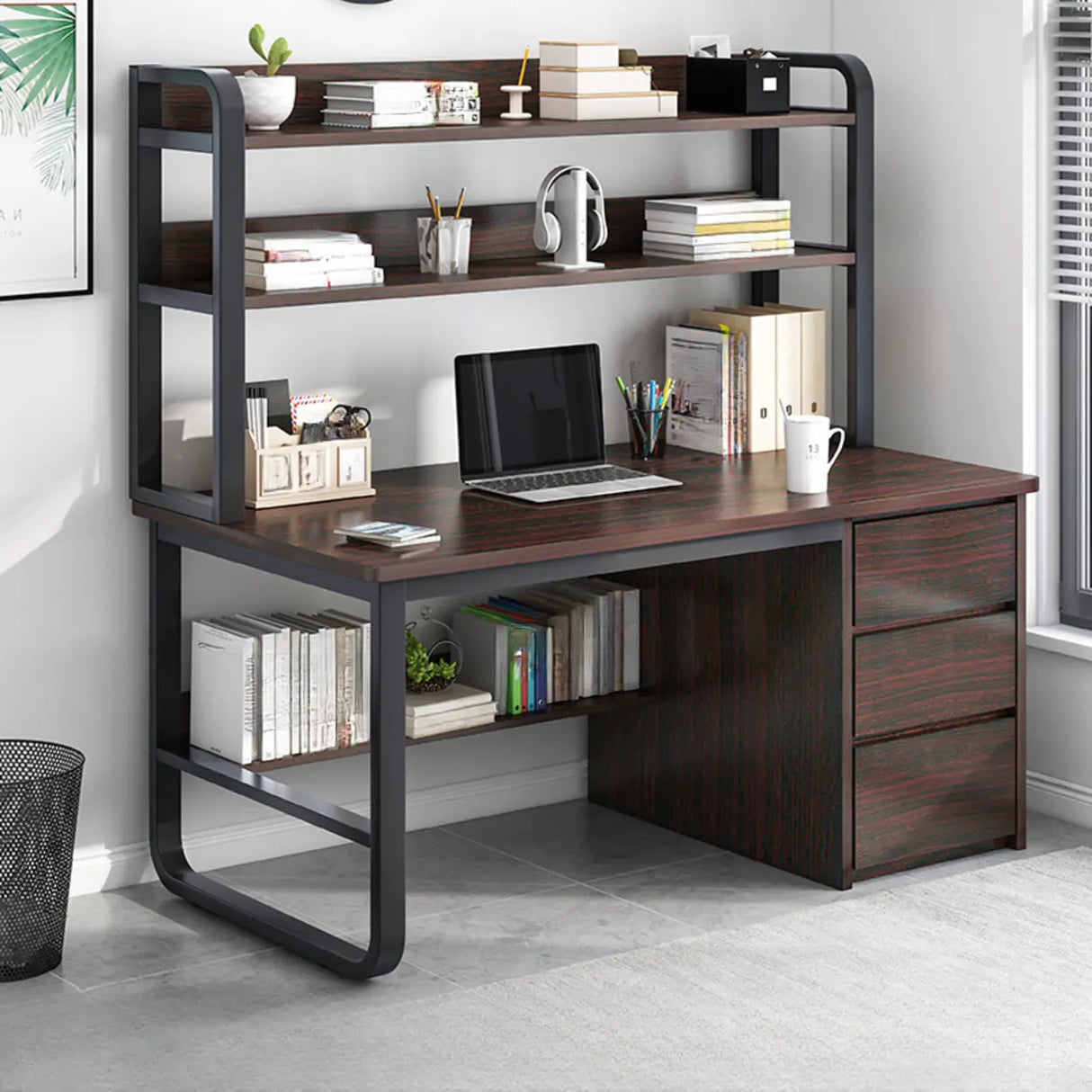 Standard Wooden Computer Desk with Drawers and Shelves Image - 4