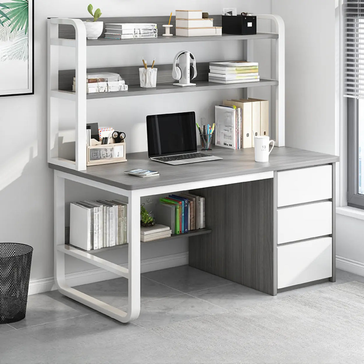 Standard Wooden Computer Desk with Drawers and Shelves Image - 9