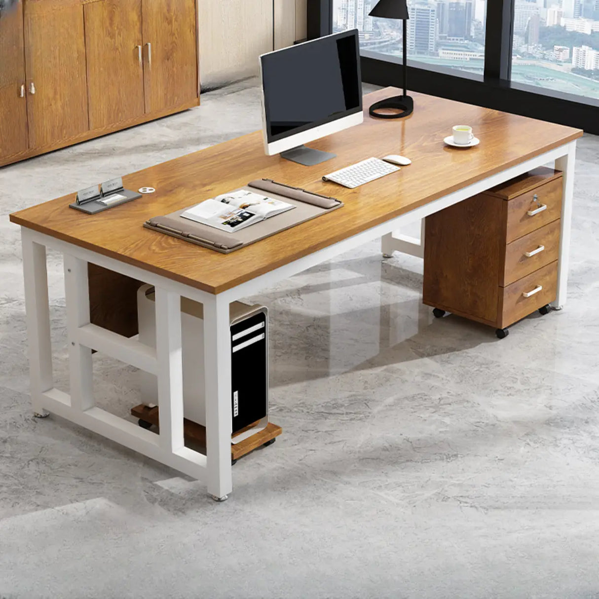 Standard Wooden Computer Desk with Storage and Shelves Image - 3