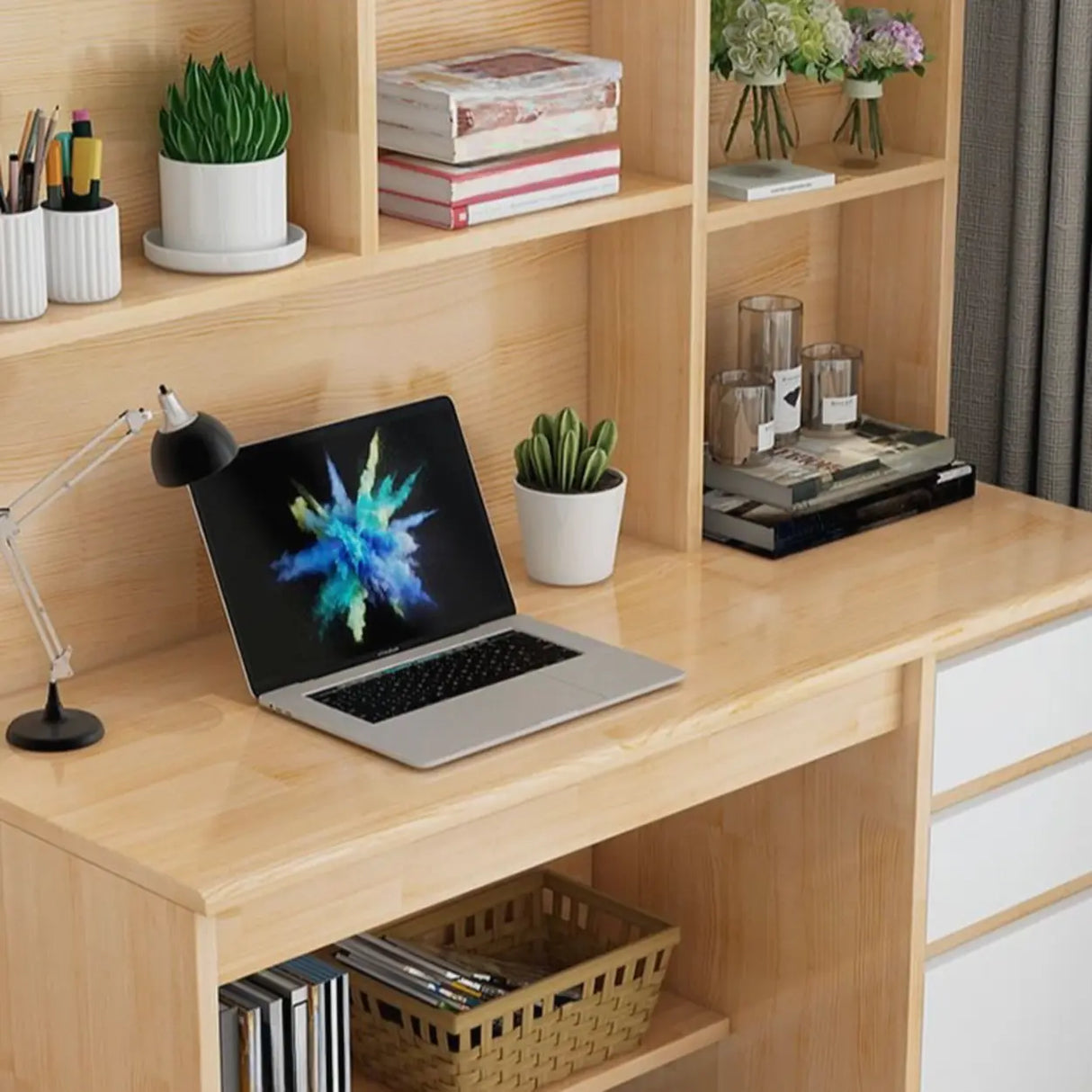 Standard Wooden Credenza Desk with Bookcase and Drawers Image - 12