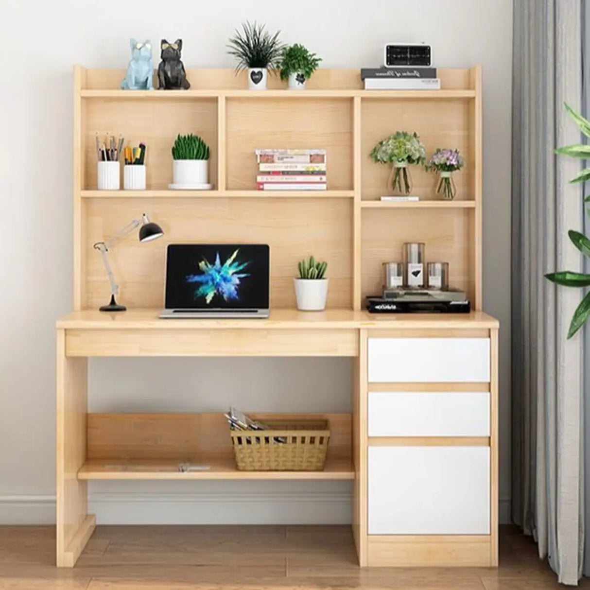 Standard Wooden Credenza Desk with Bookcase and Drawers Image - 15