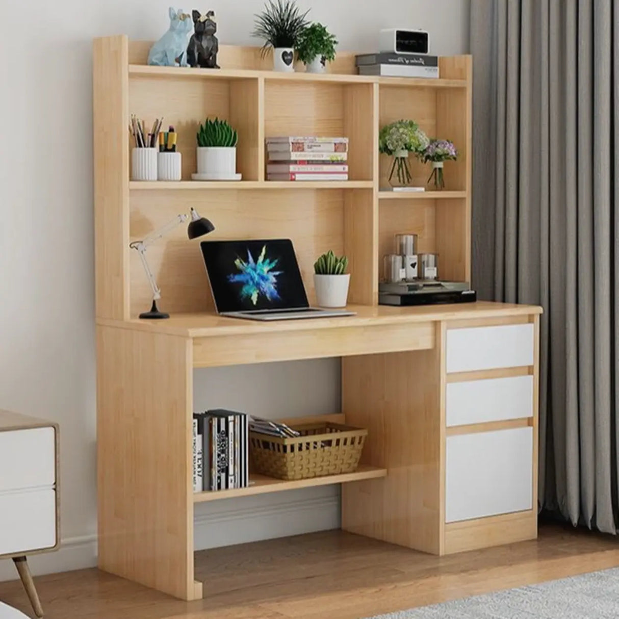 Standard Wooden Credenza Desk with Bookcase and Drawers Image - 16