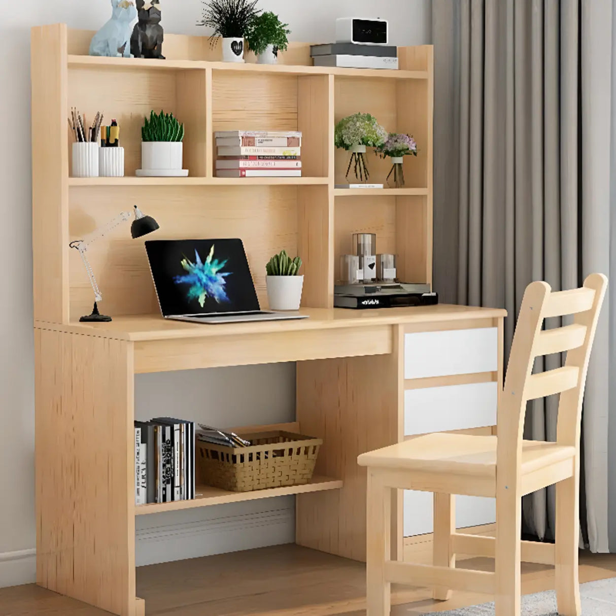 Standard Wooden Credenza Desk with Bookcase and Drawers Image - 17