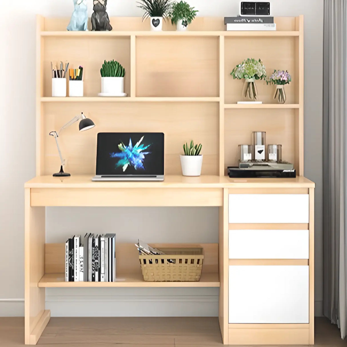 Standard Wooden Credenza Desk with Bookcase and Drawers Image - 18