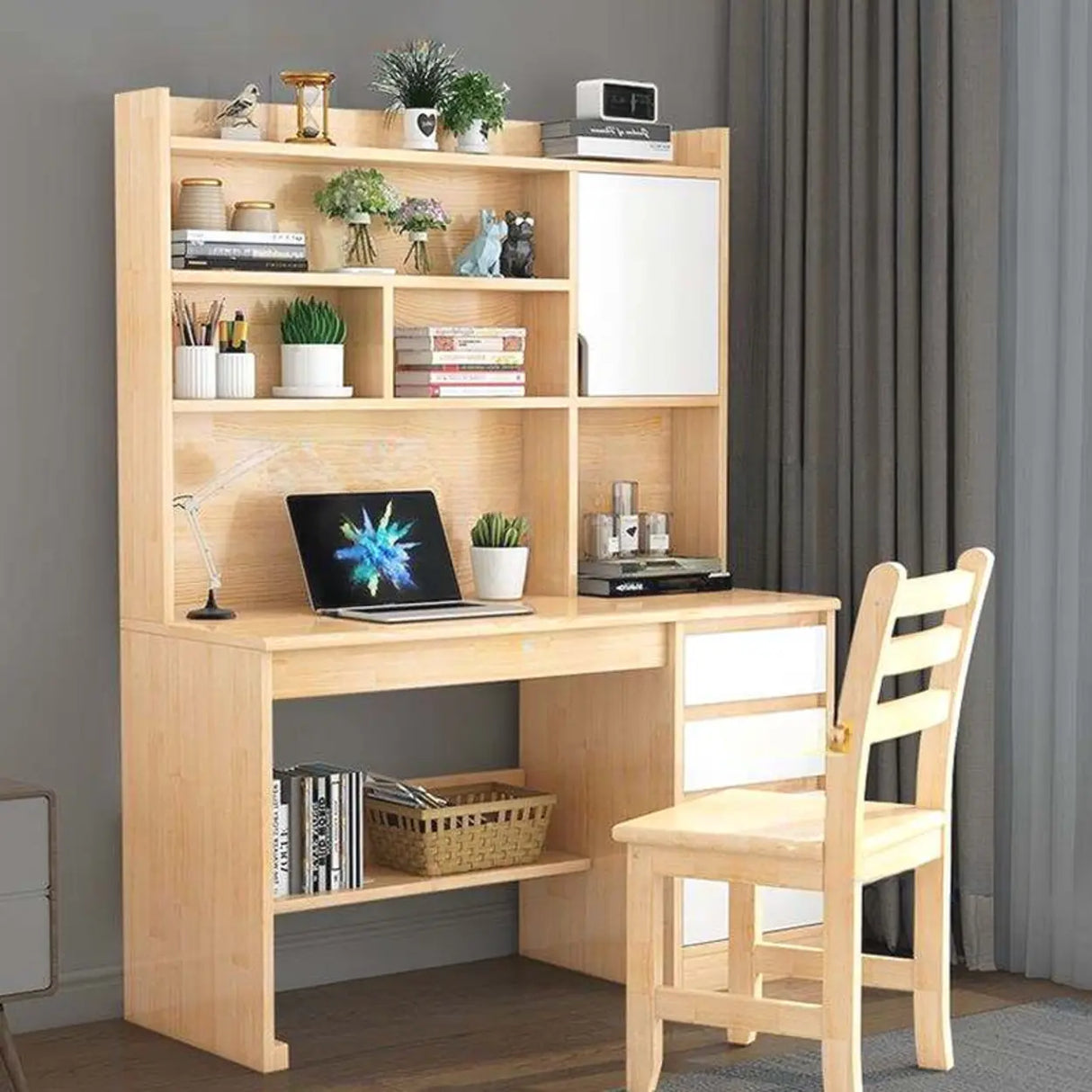 Standard Wooden Credenza Desk with Bookcase and Drawers Image - 20