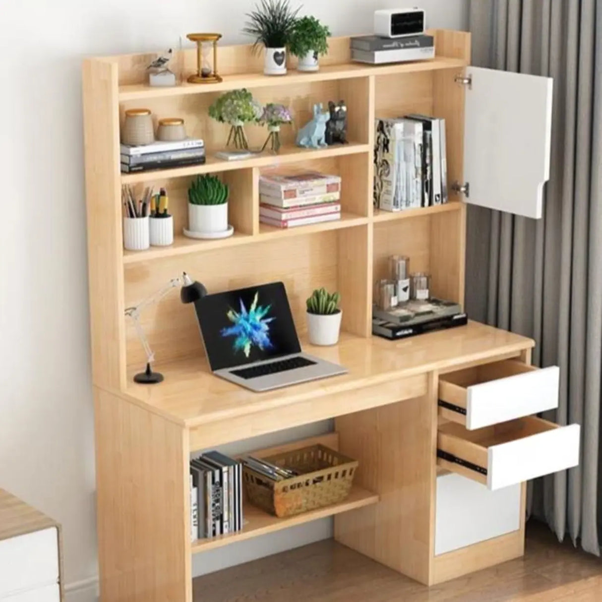 Standard Wooden Credenza Desk with Bookcase and Drawers Image - 21