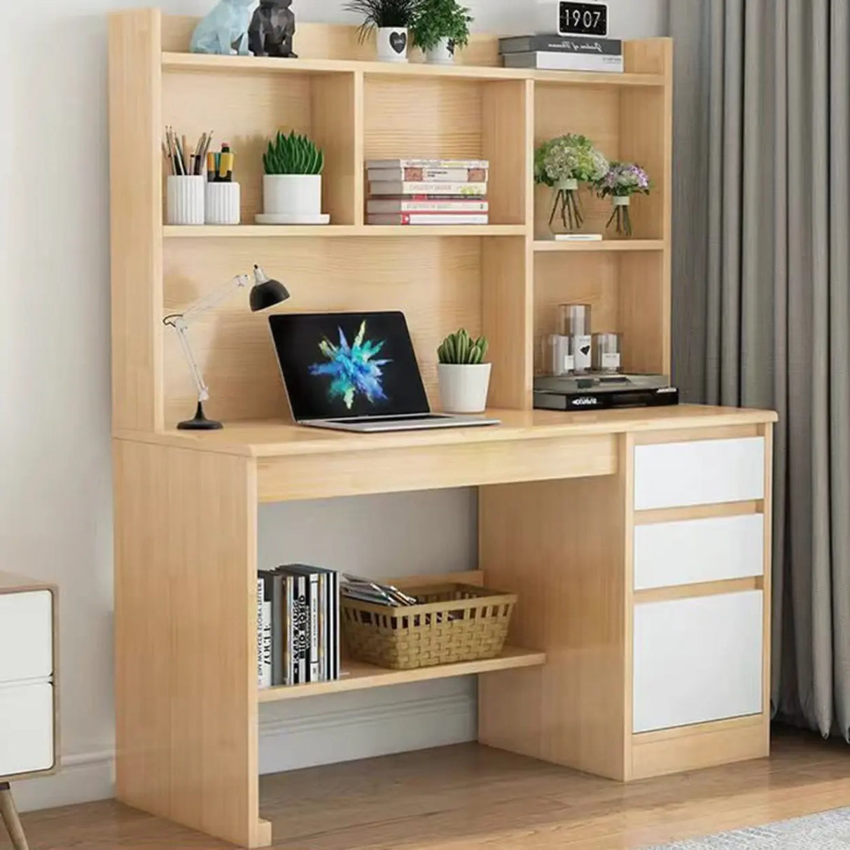Standard Wooden Credenza Desk with Bookcase and Drawers Image - 3