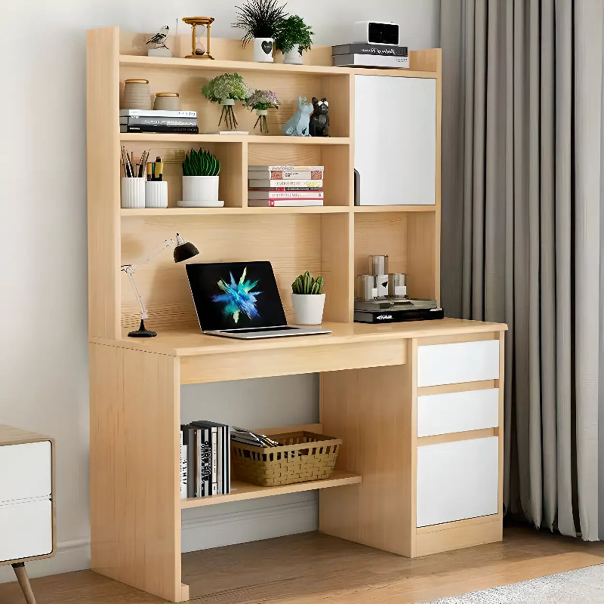 Standard Wooden Credenza Desk with Bookcase and Drawers Image - 5