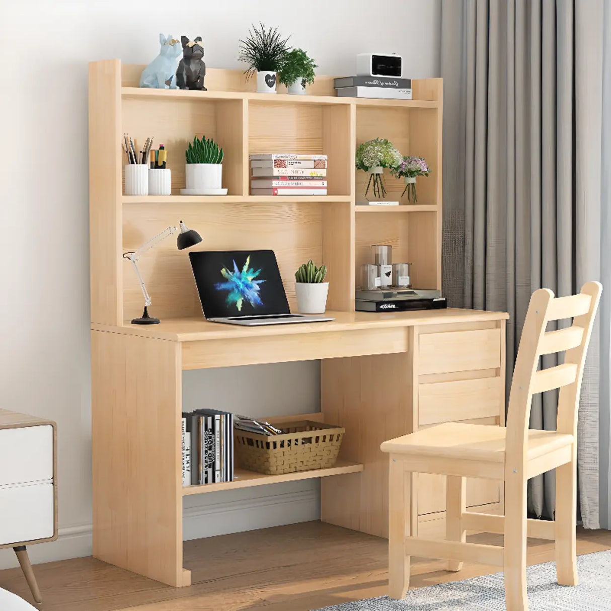 Standard Wooden Credenza Desk with Bookcase and Drawers Image - 6