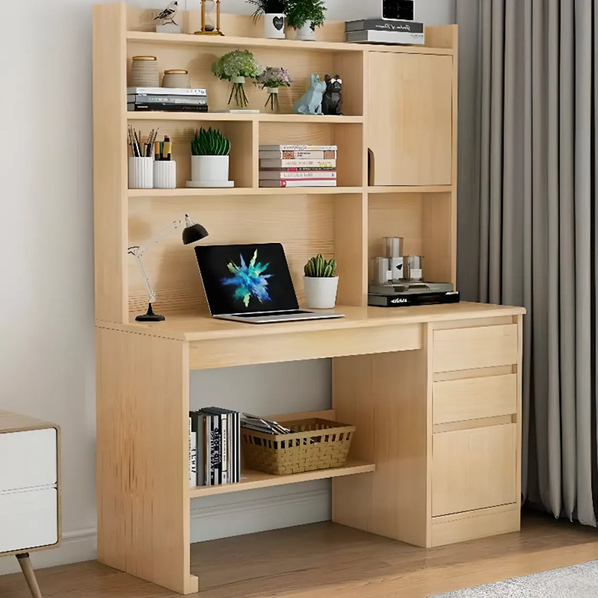 Standard Wooden Credenza Desk with Bookcase and Drawers Image - 7
