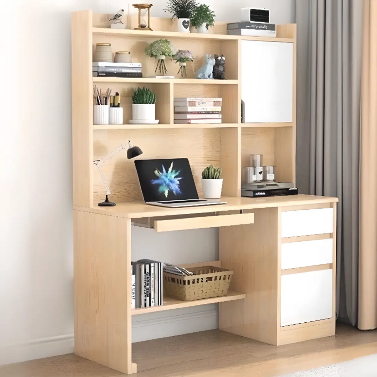Standard Wooden Credenza Desk with Bookcase and Drawers Image - 8