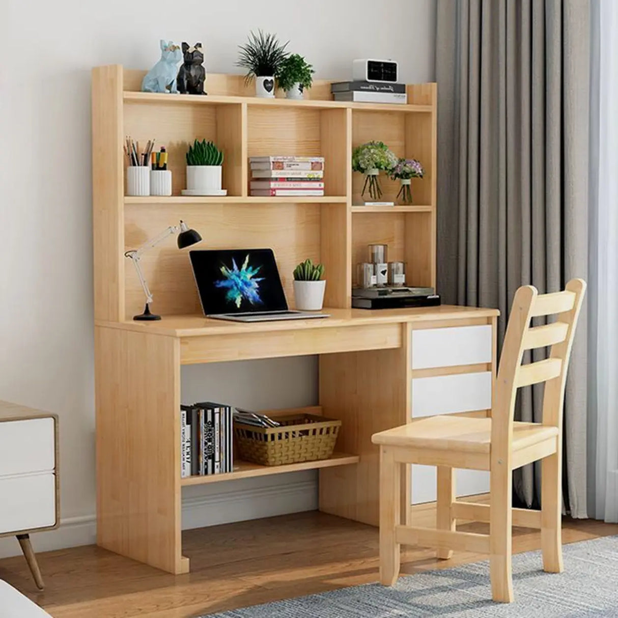 Standard Wooden Credenza Desk with Bookcase and Drawers Image - 9