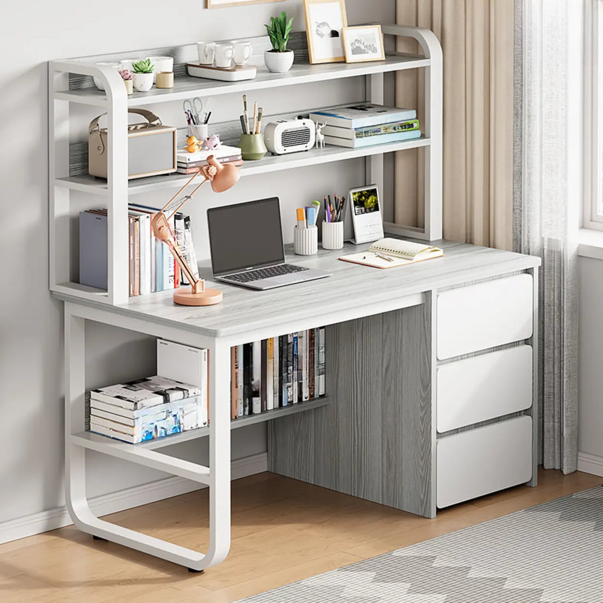Standard Wooden Writing Desk with Drawers and Shelves Image - 5
