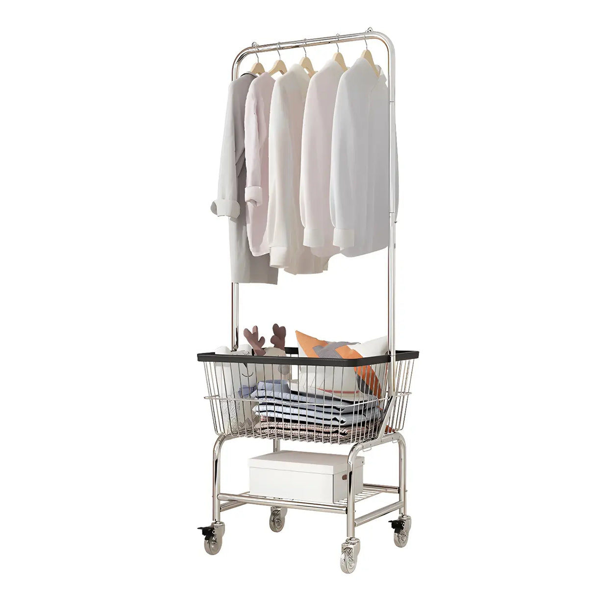 Steel Silver Storage Shelves Wheels Coat Rack with Basket Image - 8