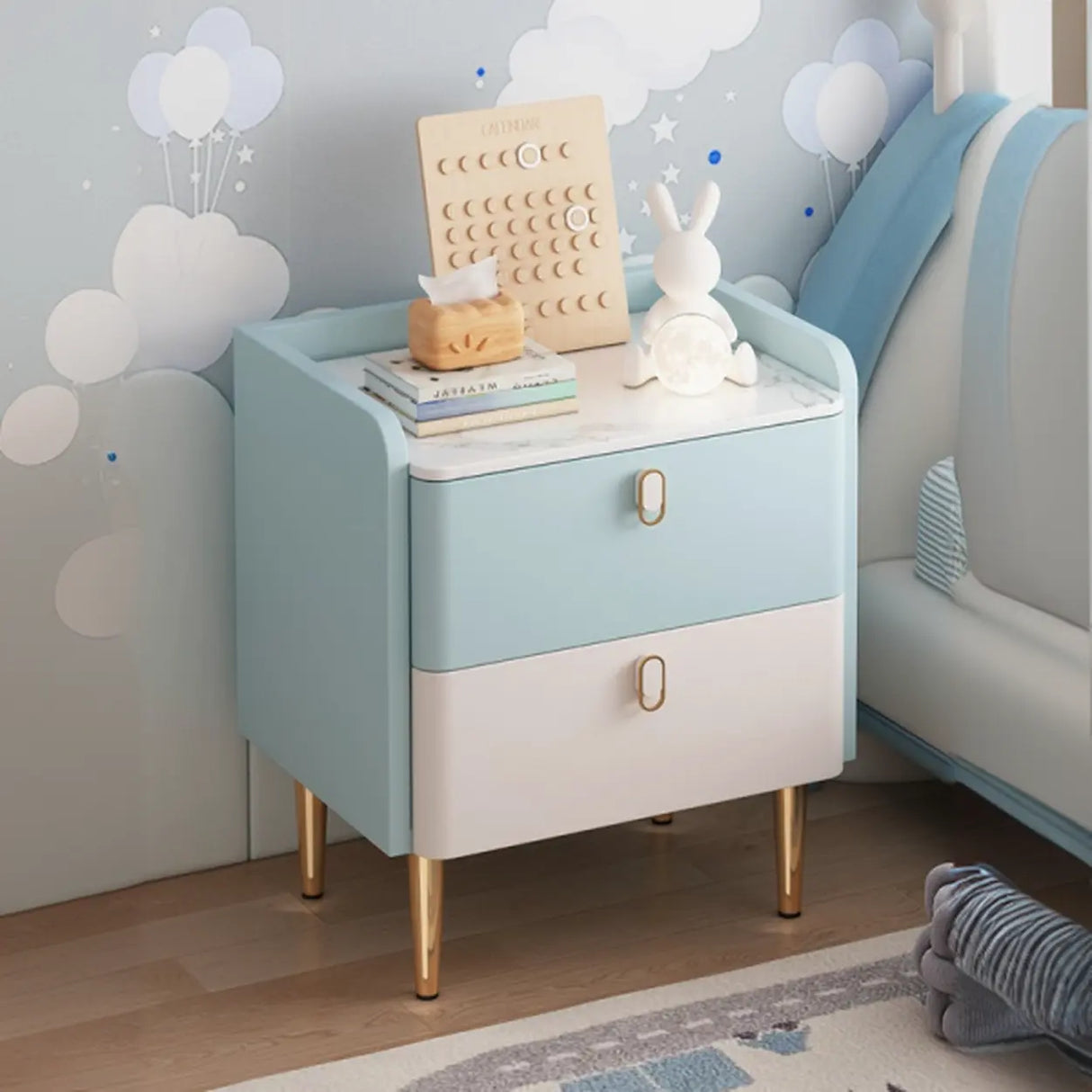Stone Countertop Leather Frame Kids Storage Nightstand Image - 4