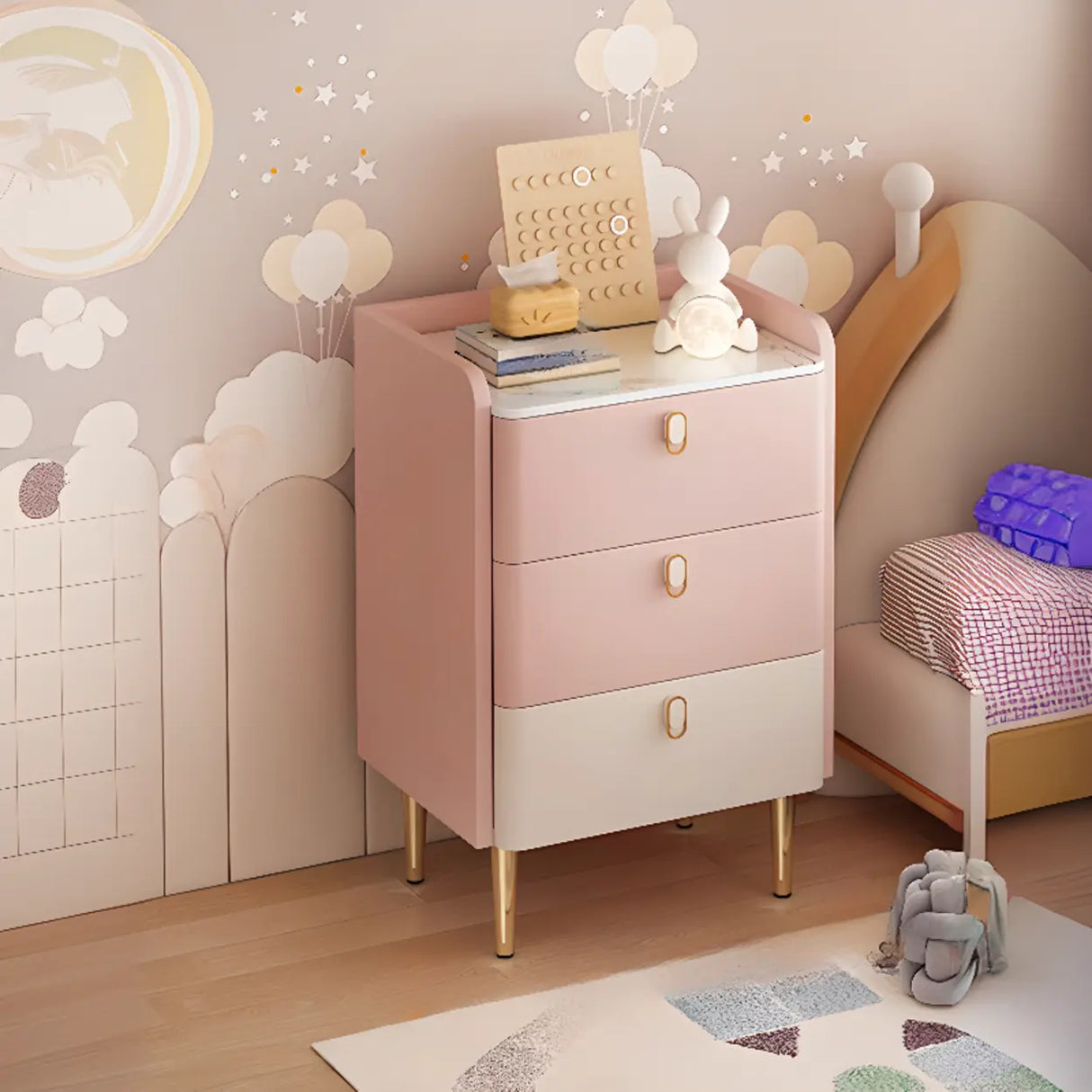 Stone Countertop Leather Frame Kids Storage Nightstand Image - 7