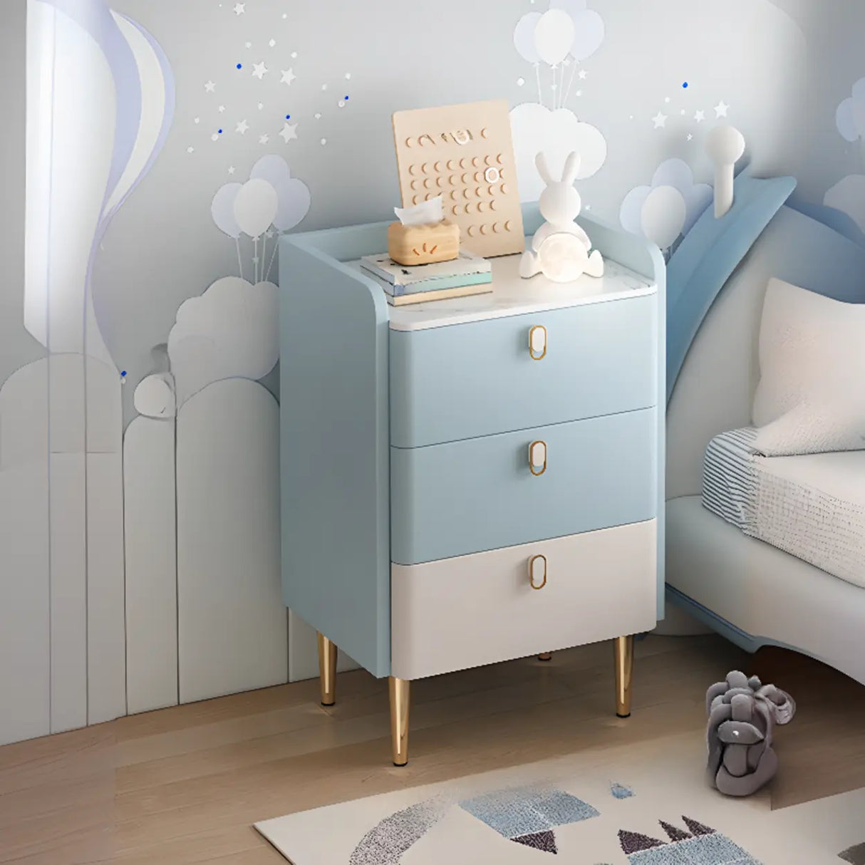 Stone Countertop Leather Frame Kids Storage Nightstand Image - 9