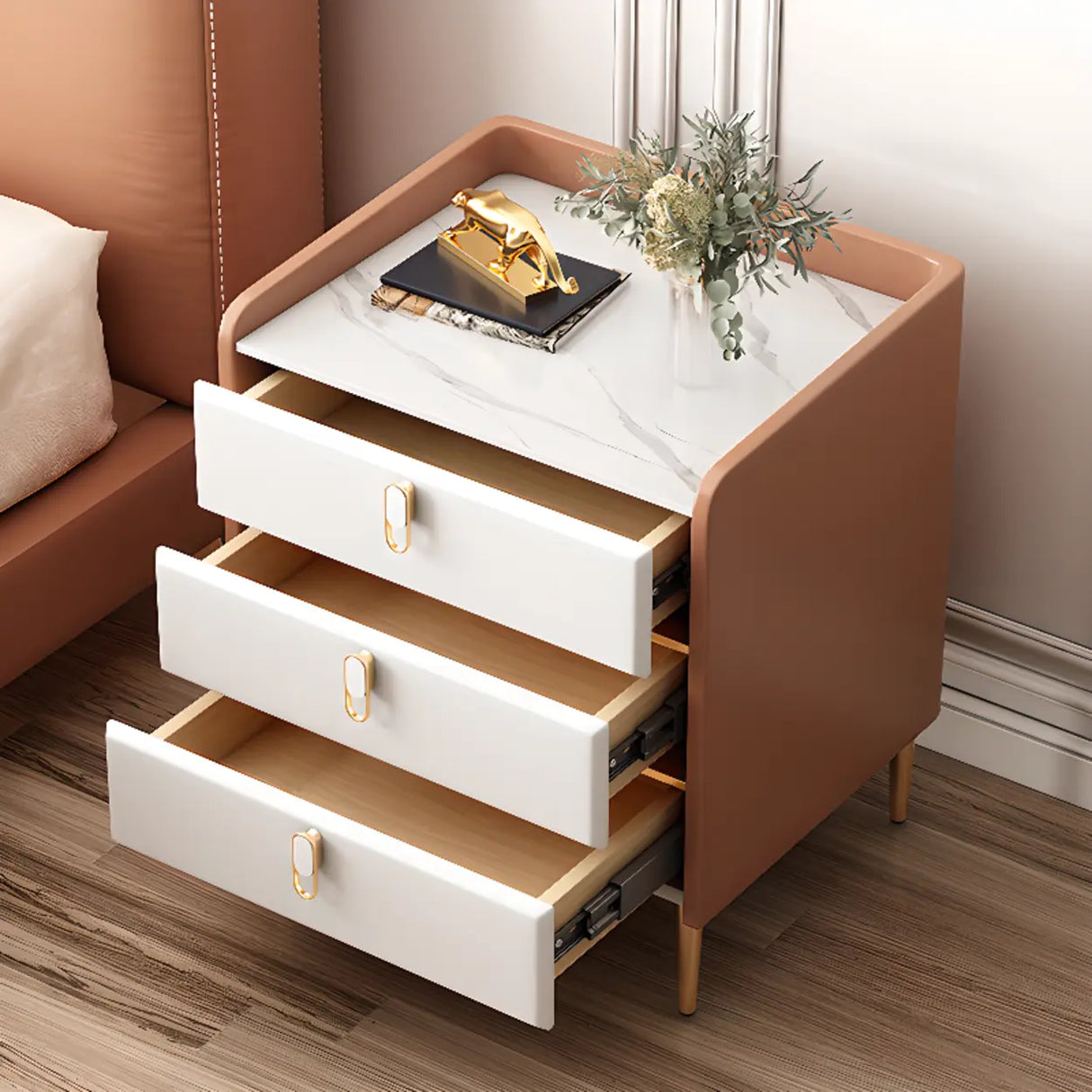 Stone Countertop Leather Kids Nightstand with Metal Leg Image - 1