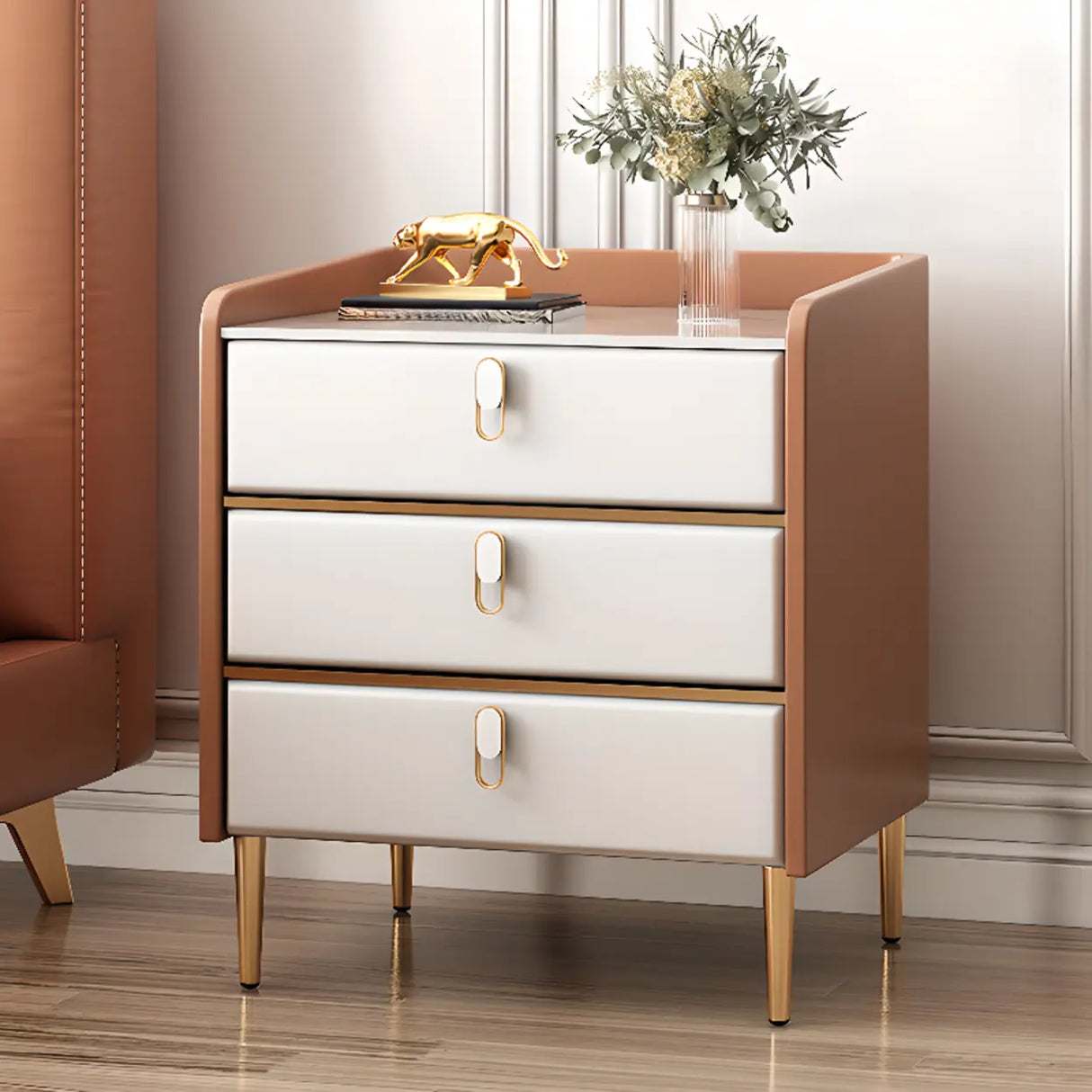 Stone Countertop Leather Kids Nightstand with Metal Leg Image - 3