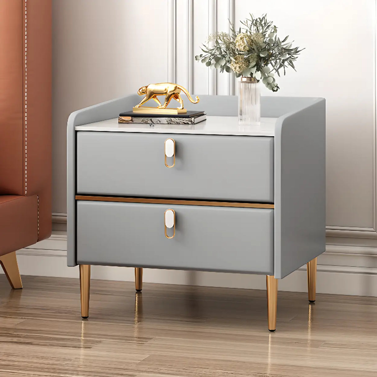 Stone Countertop Leather Kids Nightstand with Metal Leg Image - 6