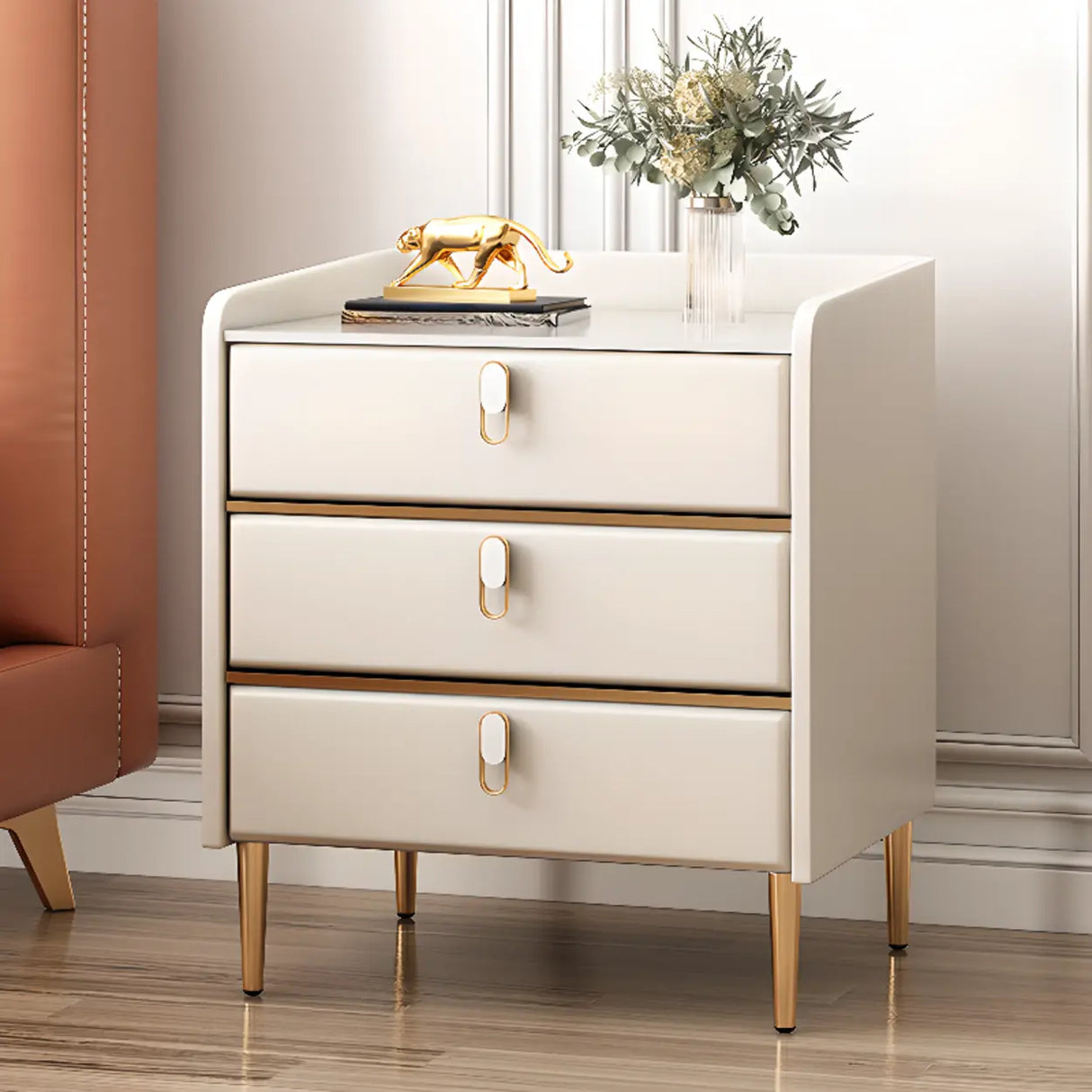 Stone Countertop Leather Kids Nightstand with Metal Leg Image - 7