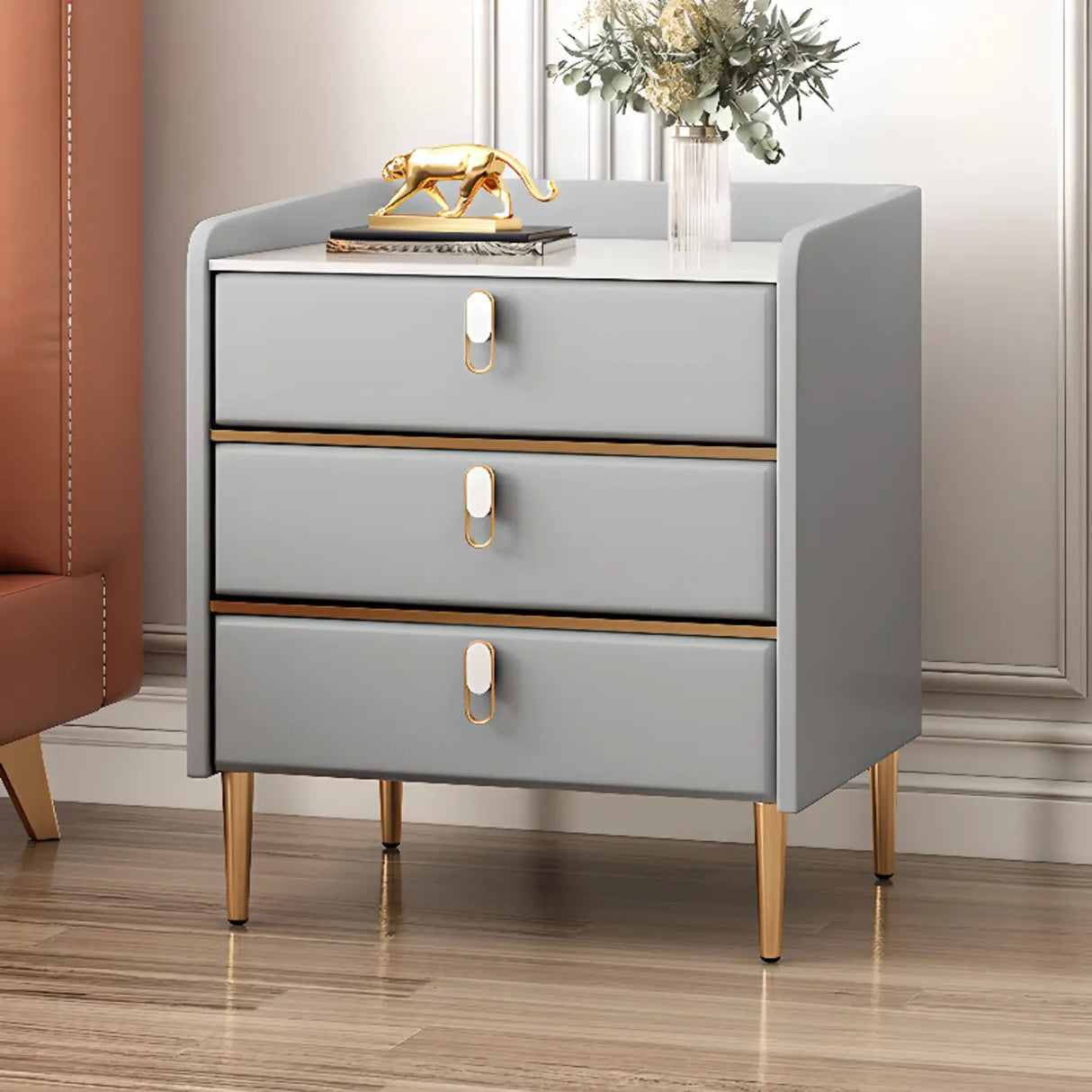 Stone Countertop Leather Kids Nightstand with Metal Leg Image - 8