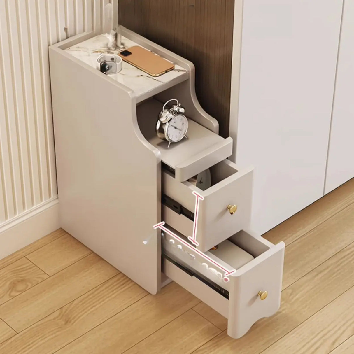Stone Countertop Wood Drawers Narrow Kids Nightstand Image - 10