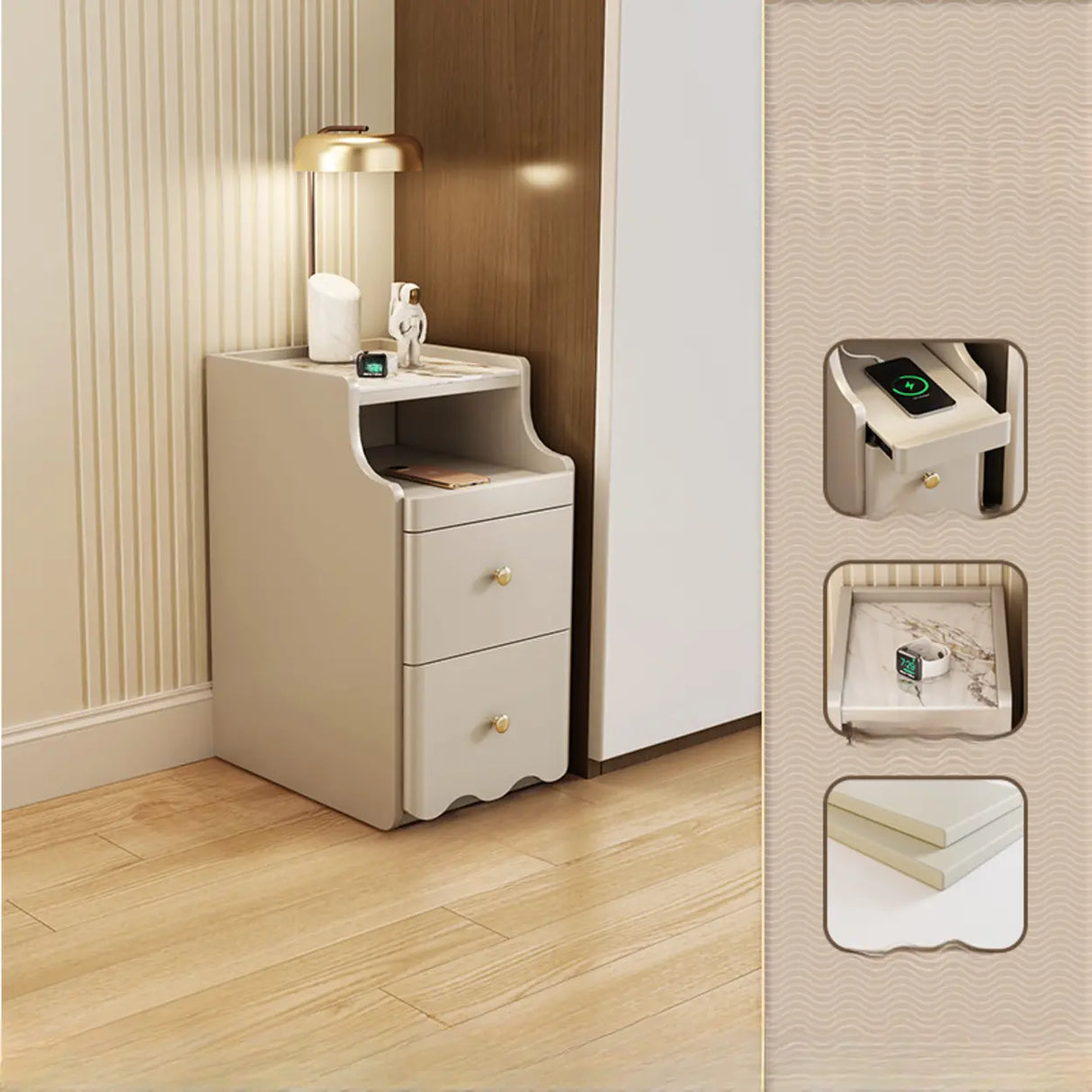 Stone Countertop Wood Drawers Narrow Kids Nightstand Image - 3
