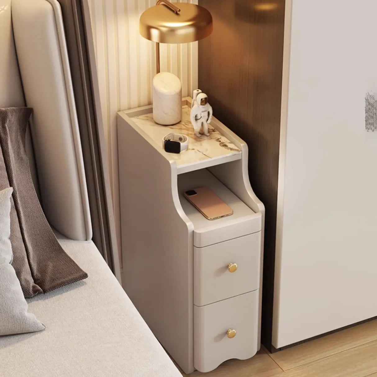 Stone Countertop Wood Drawers Narrow Kids Nightstand Image - 6
