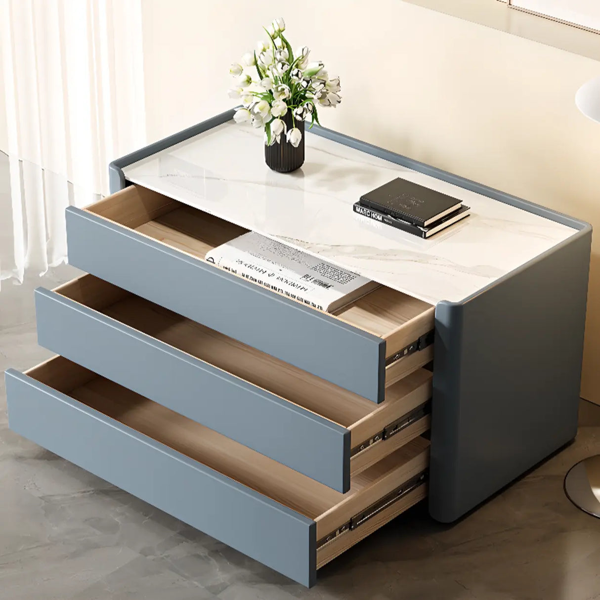 Stone Countertop Wood Frame Kids Nightstand with Drawer Image - 4