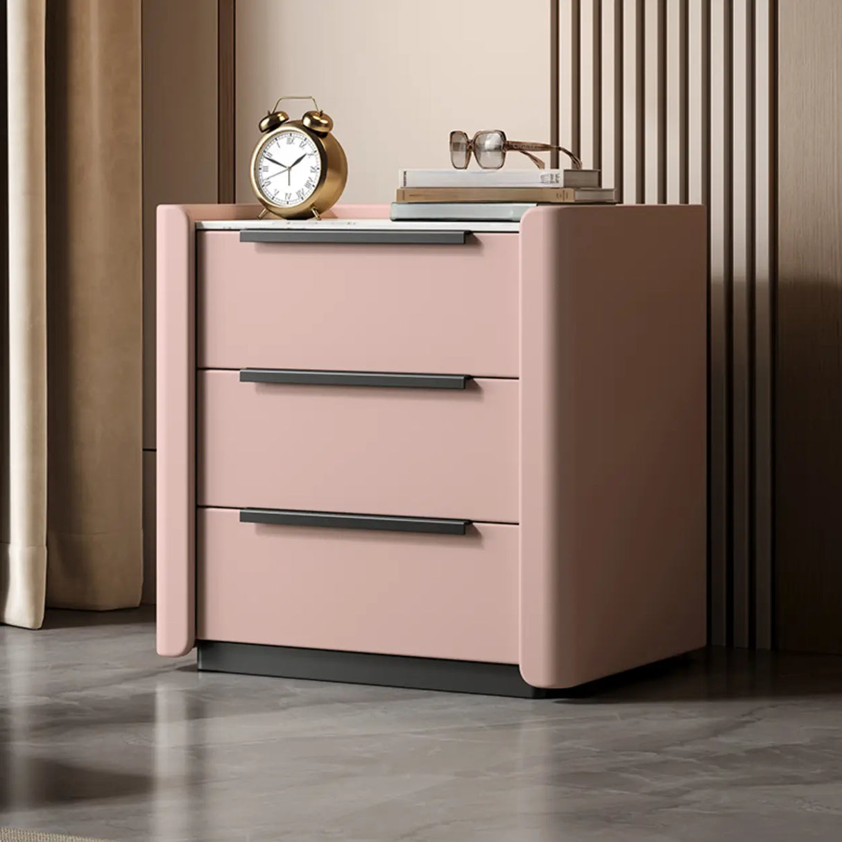 Stone Countertop Wood Nightstand with Three Drawers Image - 13