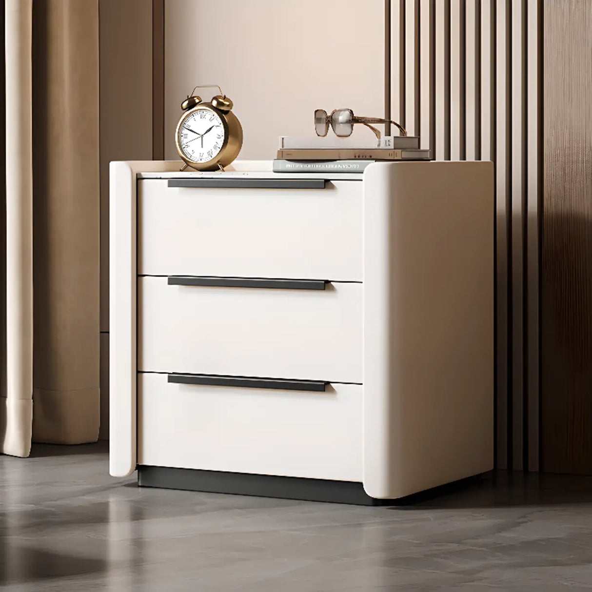 Stone Countertop Wood Nightstand with Three Drawers Image - 2