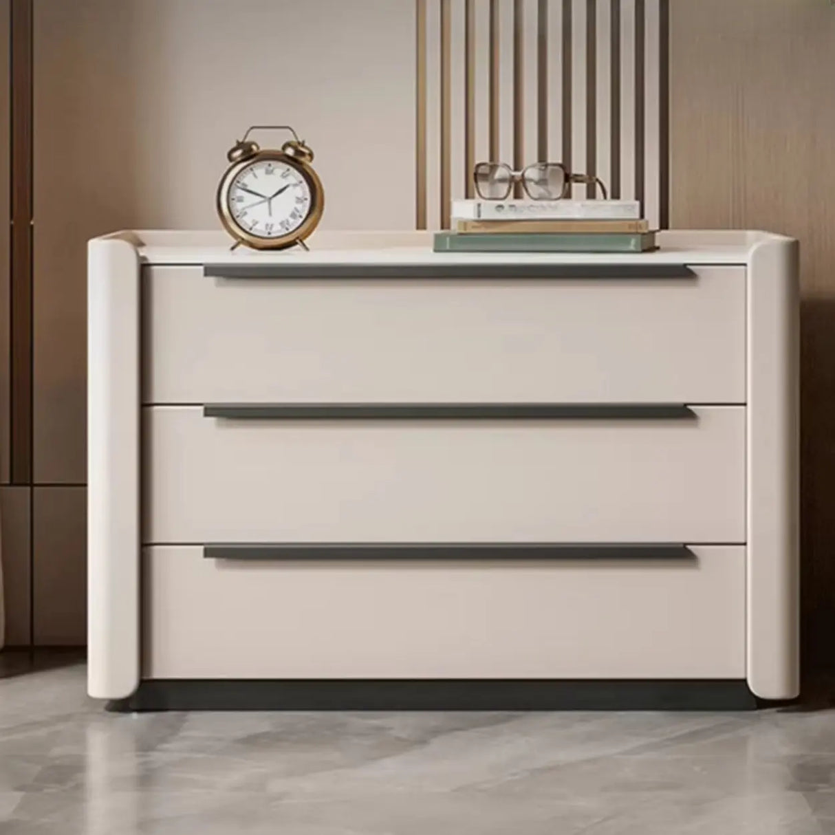 Stone Countertop Wood Nightstand with Three Drawers Image - 4