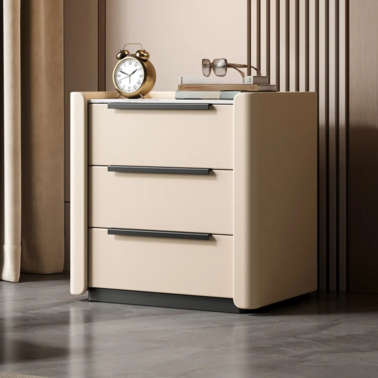 Stone Countertop Wood Nightstand with Three Drawers Image - 7
