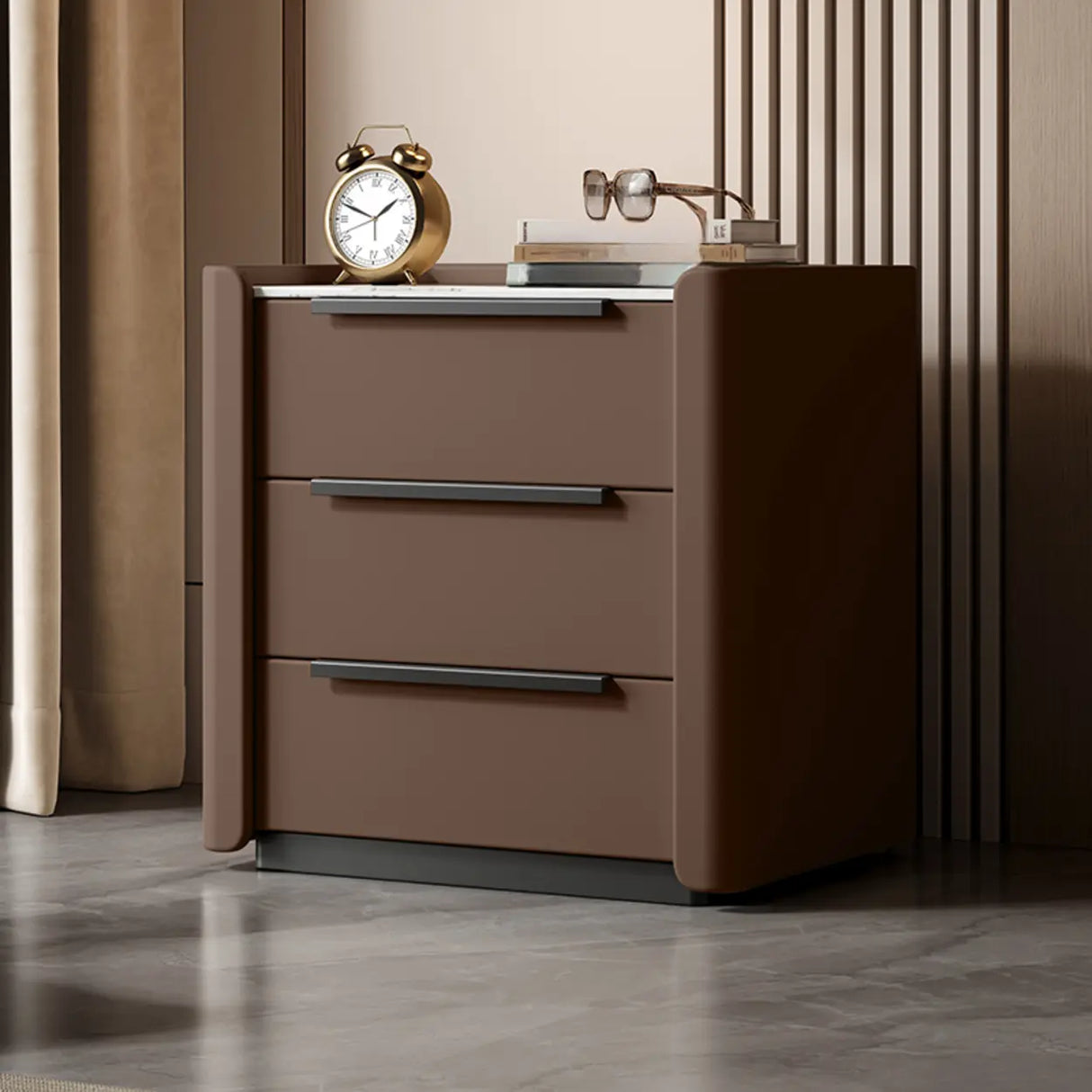 Stone Countertop Wood Nightstand with Three Drawers Image - 9
