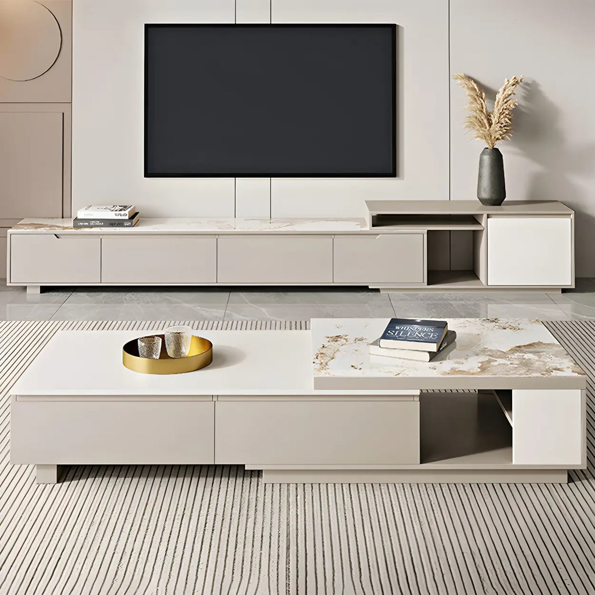 Stone Rectangular Coffee Table with Storage Shelves Image - 1