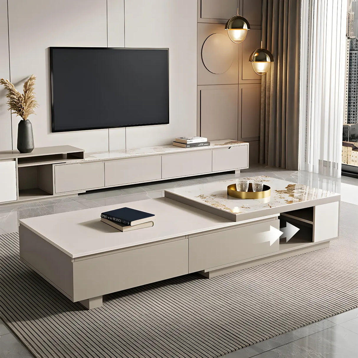 Stone Rectangular Coffee Table with Storage Shelves Image - 4