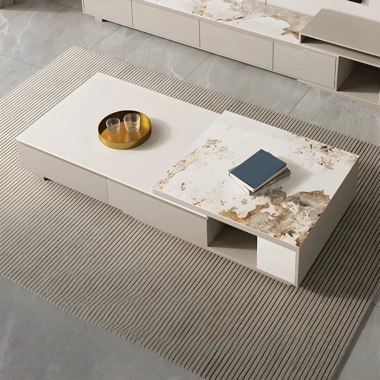 Stone Rectangular Coffee Table with Storage Shelves Image - 7