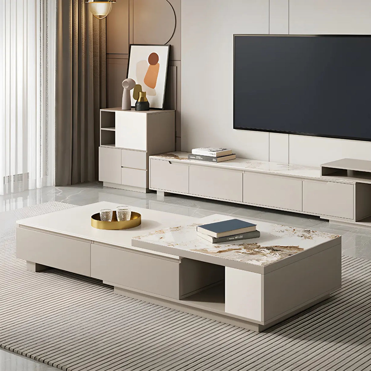 Stone Rectangular Coffee Table with Storage Shelves Image - 9