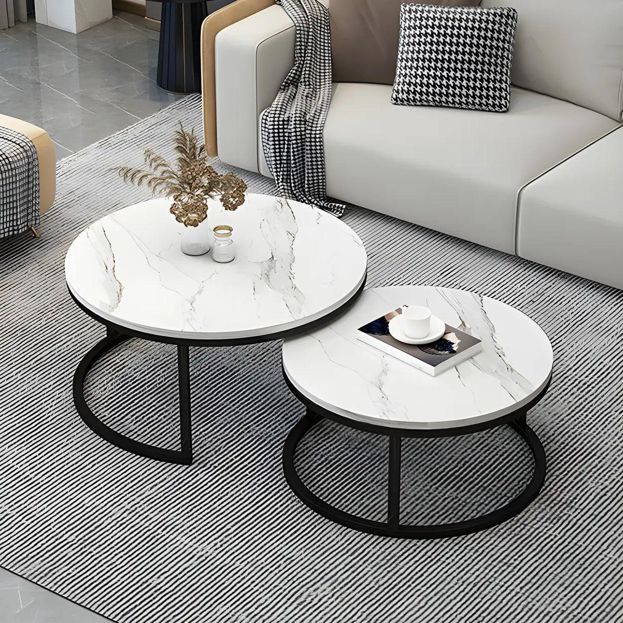 Stone Round Top Metal Frame Nesting Coffee Tables Image - 1