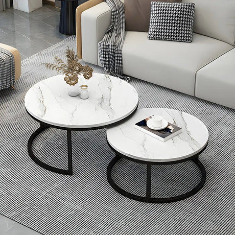 Stone Round Top Metal Frame Nesting Coffee Tables Image - 1