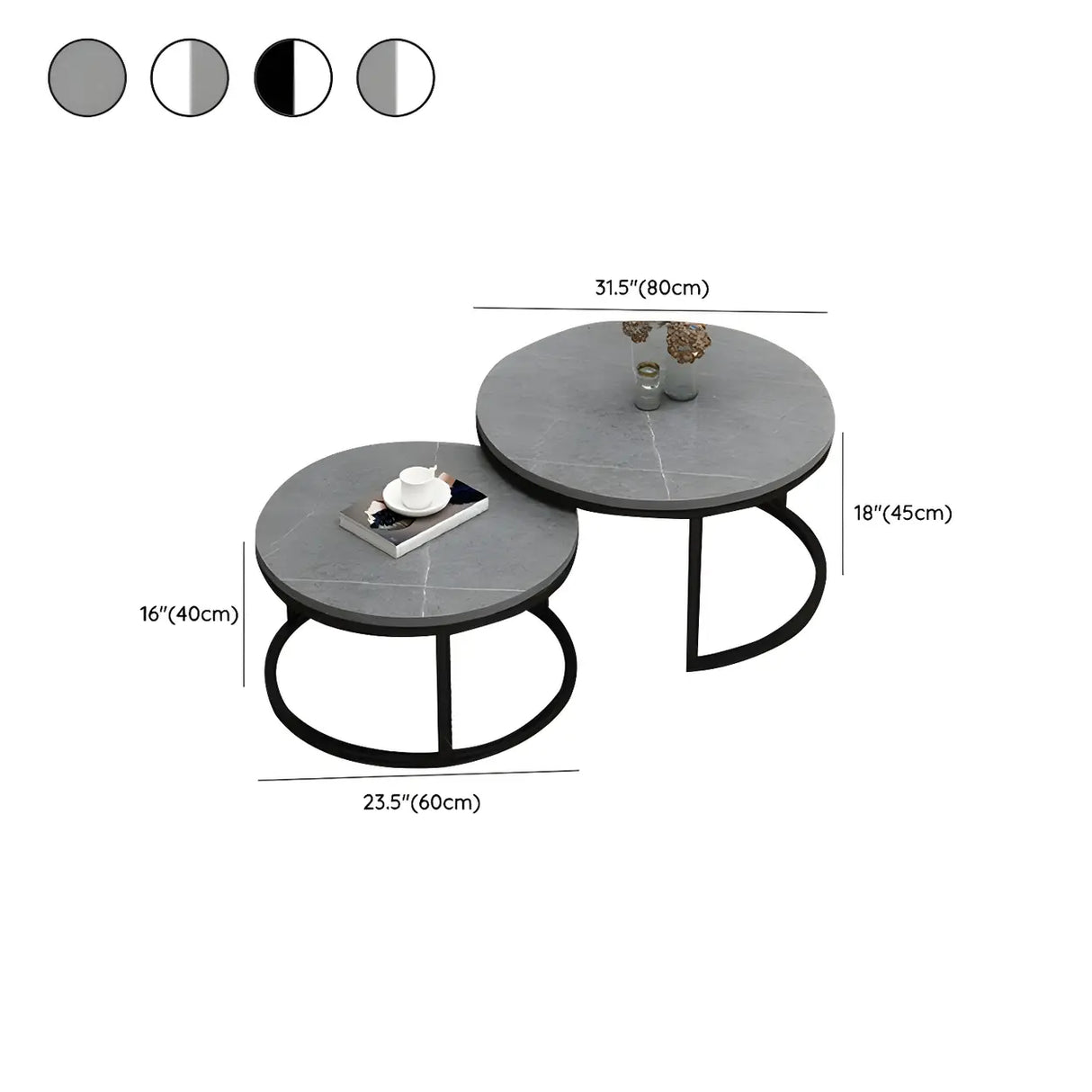 Stone Round Top Metal Frame Nesting Coffee Tables 