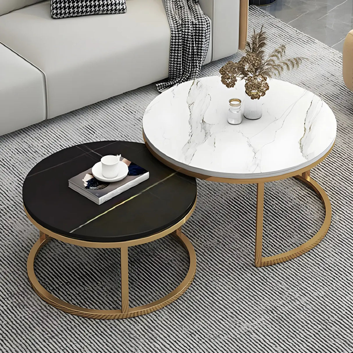 Stone Round Top Metal Frame Nesting Coffee Tables Image - 6