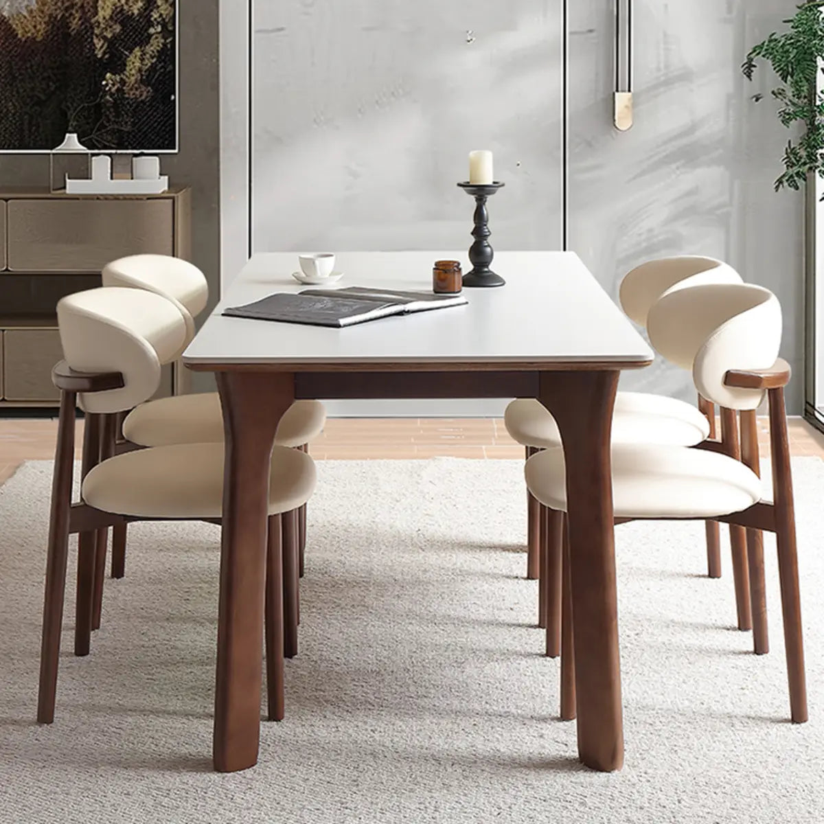 Stone Top Rectangle Wood Base Dining Set with Chairs Image - 4