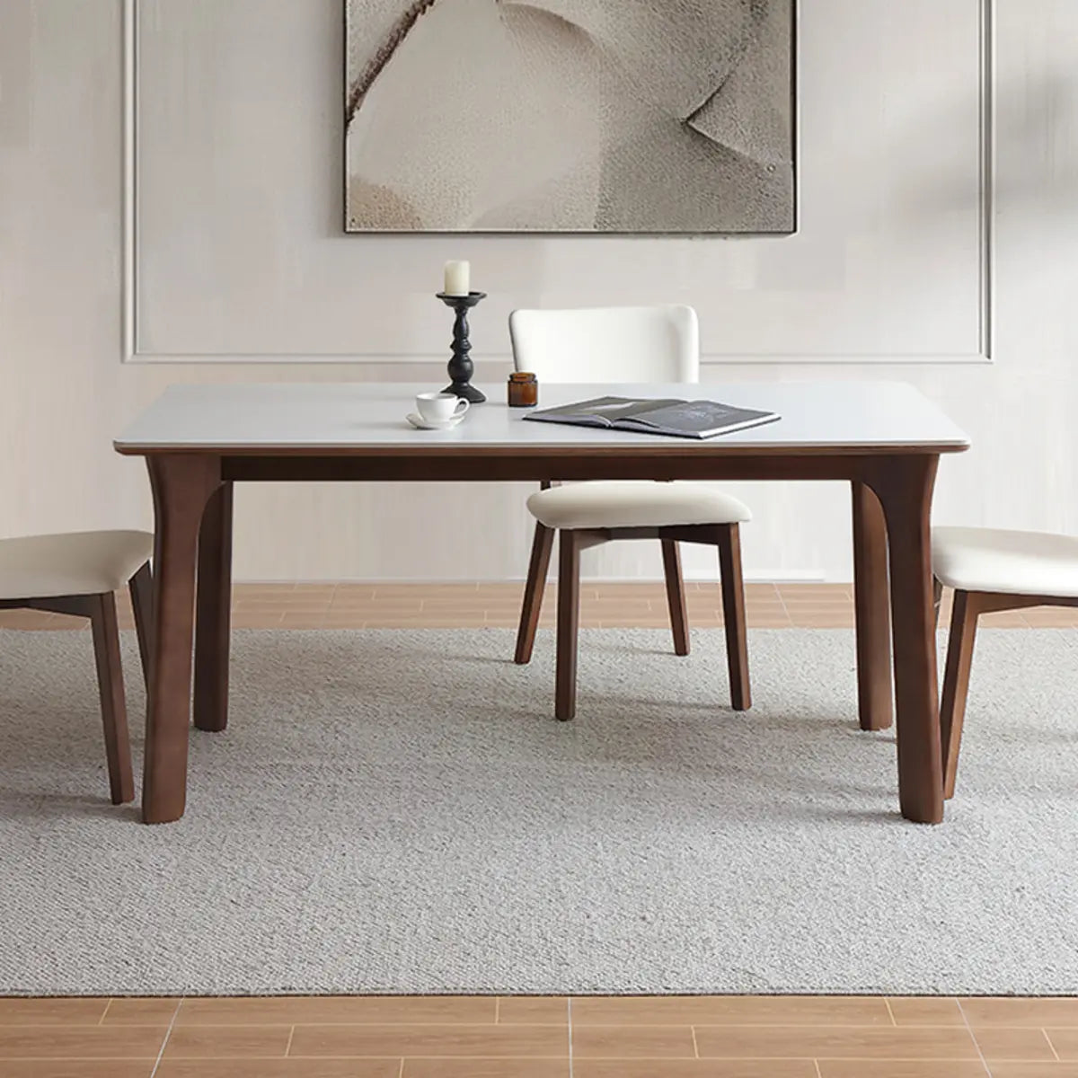 Stone Top Rectangle Wood Base Dining Set with Chairs Image - 5